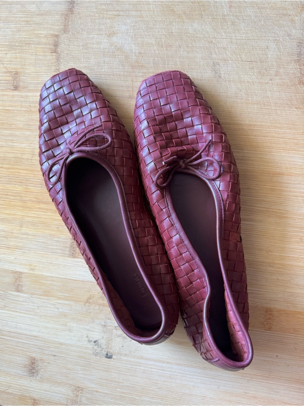 Quince Italian Leather Woven Square Toe Ballet Flat Merlot Burgundy Bow Size 10